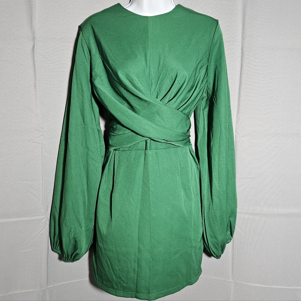 Nasty Gal Modern Cocktail Assymetric Twist Waist Puff Sleeve Green Mini Sz 8